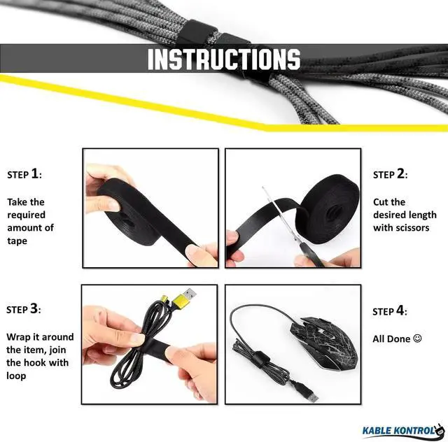 Alt view image 5 of 7 - Kable Kontrol Hook and Loop Tape Roll 3/4 Wide x 25 Ft Long Double Sided Heavy Duty Non-Adhesive Non-Sticky Nylon Reusable Fastener Strip Adjustable Strap Wire Organizer Cable Wrap Black