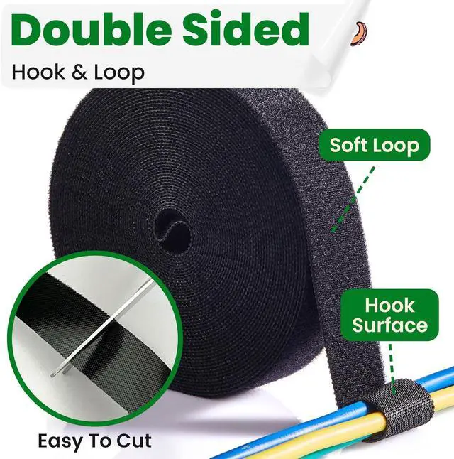 Alt view image 3 of 7 - 1 Inch x 30 FT Double Sided Hook and Loop Roll Tape (Black) | Two Sides, Self Stick, No Adhesive, Reusable, Cable Ties Wrap for Cable Management, Heavy Duty, Extender Straps, Wire Strips