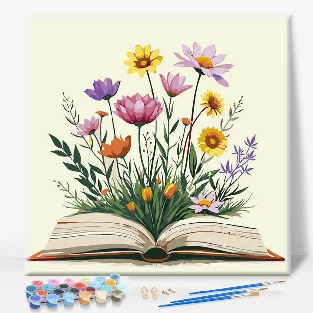Main image of Framed Paint by Numbers Kit for Adults Beginners Books and Flowers | 8x12 Inch, Easy DIY Acrylic Canvas Painting Set with frame, Stress Relief Adult Craft , Home Wall Decor, Gift Idea