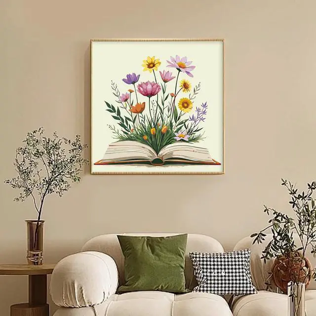 Alt view image 2 of 7 - Framed Paint by Numbers Kit for Adults Beginners Books and Flowers | 8x12 Inch, Easy DIY Acrylic Canvas Painting Set with frame, Stress Relief Adult Craft , Home Wall Decor, Gift Idea