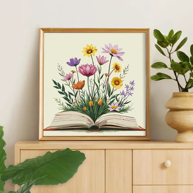 Alt view image 6 of 7 - Framed Paint by Numbers Kit for Adults Beginners Books and Flowers | 8x12 Inch, Easy DIY Acrylic Canvas Painting Set with frame, Stress Relief Adult Craft , Home Wall Decor, Gift Idea