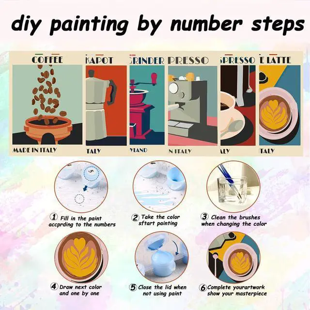Alt view image 7 of 7 - 6 Pack Paint by Numbers Kit for Adults Beginner,DIY Espresso Coffee Painting by Numbers Kits,with Brushes and Acrylic Paint(Without Frame),Home Wall Decor 9.8X 13.7 in