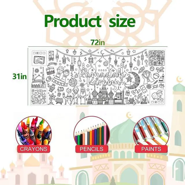 Alt view image 2 of 7 - Ramadan Coloring Poster Large Ramadan Kareem Coloring Tablecloth Crafts Paper Tablecloth for Home DIY Drawing Games Party Supplies 30 x 72 Inch