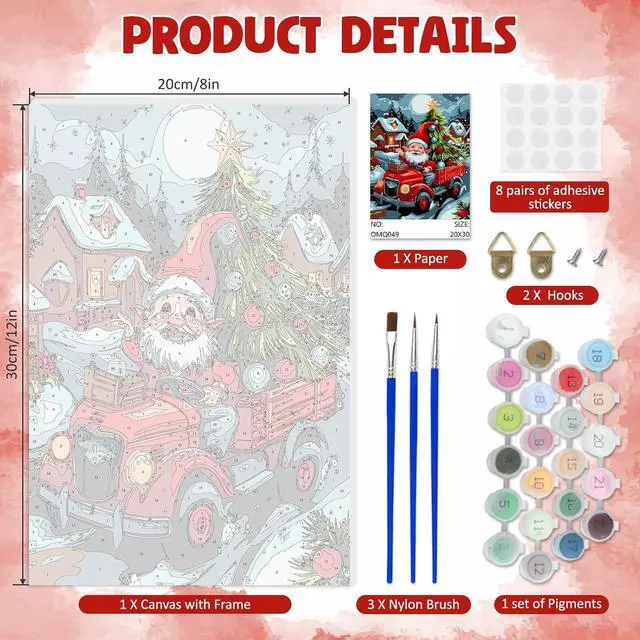 Alt view image 5 of 7 - Framed Paint by Numbers Kit for Adults, Christmas Gnome DIY Paint by Number Kits on Canvas, Easy Christmas Painting by Numbers for Home Wall Decor Gift 8x12 Inch