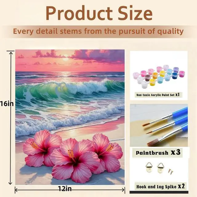 Alt view image 6 of 7 - Beach Flower Paint by Numbers Kit for Adults Beginners 12x16In | Easy Adult Paint by Number Kits On Canvas, DIY Acrylic Oil Painting Kits for Home Wall Decor