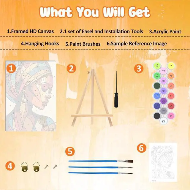 Alt view image 6 of 7 - Framed Paint by Numbers Kit for Adults, Black Woman Canvas Painting by Number with Wooden Easel, DIY Acrylic Craft Art Kits with Tools for Beginners Gift Home Wall Decor 10×14 in