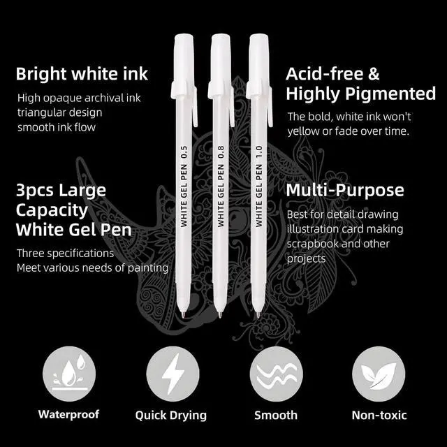 Alt view image 5 of 7 - White Gel Pens, 3 Tip Sizes Pack White Ink Pen | Fine 0.5mm/Medium 0.8mm/Bold 1.0mm, For Art, Journaling, Drawing, Black Paper, Holiday Gifts & DIY Projects, DIY