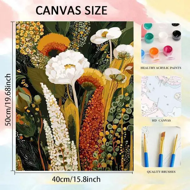 Alt view image 4 of 7 - DIY Wildflowers Paint by Numbers Kit for Adults | Vintage White Floral Botanical Acrylic Painting Kits for Beginners, Boho Home Wall Decor, 16x20 Inch