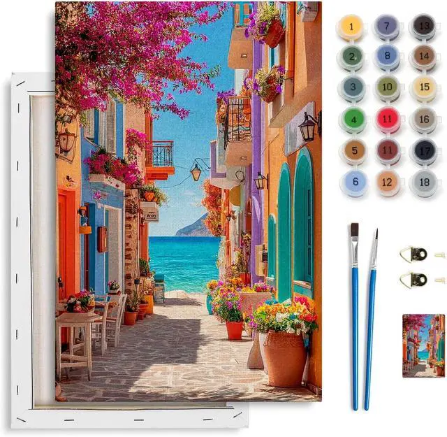 Main image of Greek Coastal Street Framed Paint by Numbers Kit for Adult, Street Adult Paint by Number Kits on Canvas, DIY Acrylic Oil Easy Seascape Painting by Numbers for Home Wall Decor, 8x12in