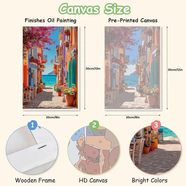 Alt view image 2 of 7 - Greek Coastal Street Framed Paint by Numbers Kit for Adult, Street Adult Paint by Number Kits on Canvas, DIY Acrylic Oil Easy Seascape Painting by Numbers for Home Wall Decor, 8x12in