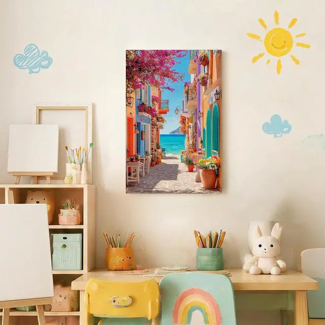 Alt view image 3 of 7 - Greek Coastal Street Framed Paint by Numbers Kit for Adult, Street Adult Paint by Number Kits on Canvas, DIY Acrylic Oil Easy Seascape Painting by Numbers for Home Wall Decor, 8x12in