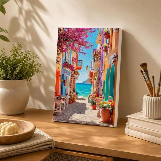 Alt view image 4 of 7 - Greek Coastal Street Framed Paint by Numbers Kit for Adult, Street Adult Paint by Number Kits on Canvas, DIY Acrylic Oil Easy Seascape Painting by Numbers for Home Wall Decor, 8x12in