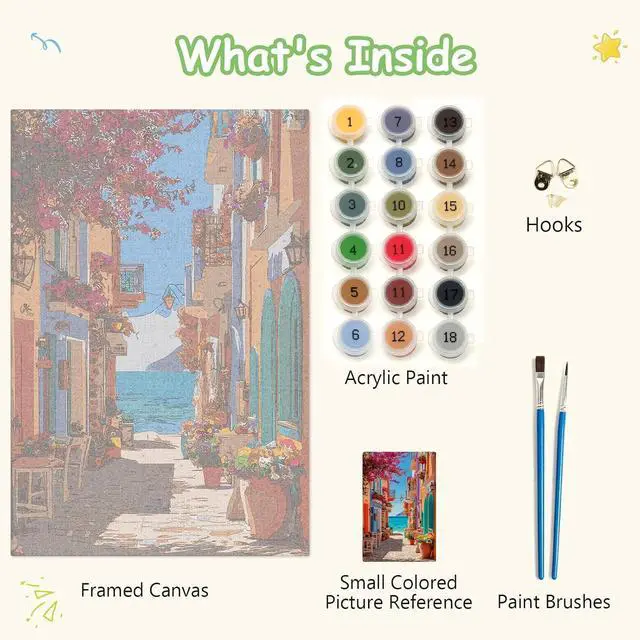 Alt view image 6 of 7 - Greek Coastal Street Framed Paint by Numbers Kit for Adult, Street Adult Paint by Number Kits on Canvas, DIY Acrylic Oil Easy Seascape Painting by Numbers for Home Wall Decor, 8x12in