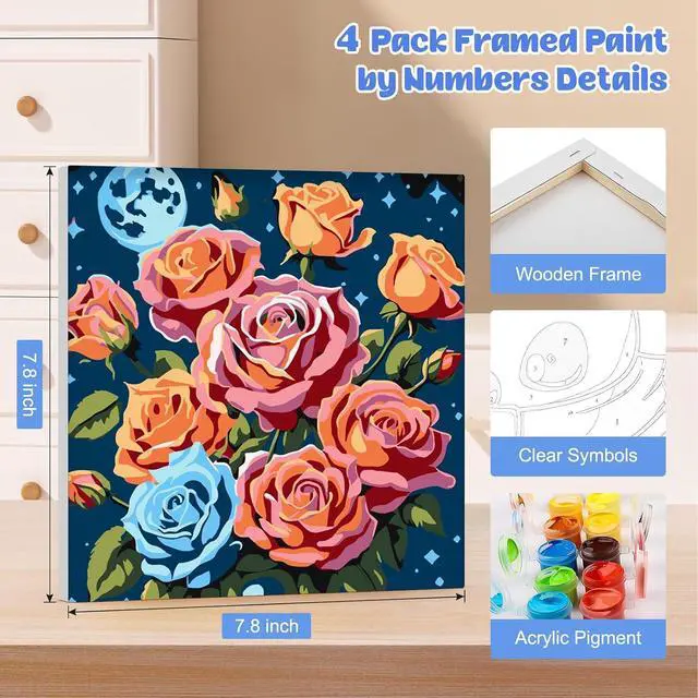 Alt view image 2 of 6 - Flowers Paint by Numbers Kit for Adults Beginners Framed, 2 Pack DIY Adults' Paint-by-Number Kits, Adult Paint by Number Kits on Canvas, Landscape Acrylic Paint Set for Home Decor, 8x8in