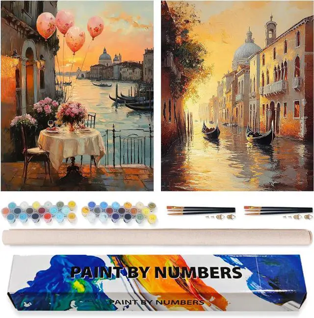 Main image of 2 Pack Paint by Numbers Kit for Adults Beginner, Sunset Venice Adult Paint by Number Kits on Canvas, DIY Landscape Acrylic Number Painting for Adults for Home Wall Decor Gift 16x20 Inch