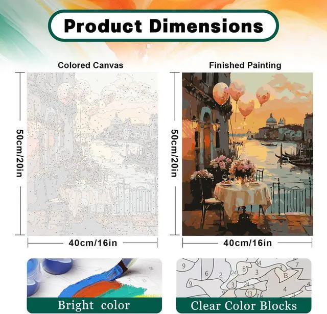 Alt view image 3 of 7 - 2 Pack Paint by Numbers Kit for Adults Beginner, Sunset Venice Adult Paint by Number Kits on Canvas, DIY Landscape Acrylic Number Painting for Adults for Home Wall Decor Gift 16x20 Inch