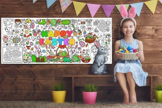 Alt view image 5 of 7 - Happy Easter Coloring Tablecloth for Kids Easter Giant Coloring Poster 30x72 Inches Easter Coloring Tablecloth for DIY Painting Activities Drawing Paper Crafts for Bunny Spring Party Decor