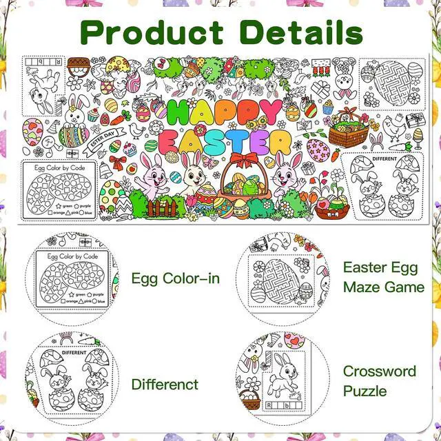 Alt view image 6 of 7 - Happy Easter Coloring Tablecloth for Kids Easter Giant Coloring Poster 30x72 Inches Easter Coloring Tablecloth for DIY Painting Activities Drawing Paper Crafts for Bunny Spring Party Decor