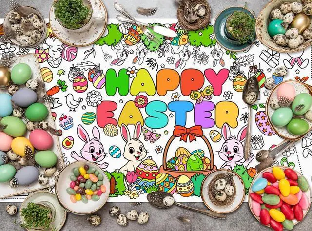 Alt view image 7 of 7 - Happy Easter Coloring Tablecloth for Kids Easter Giant Coloring Poster 30x72 Inches Easter Coloring Tablecloth for DIY Painting Activities Drawing Paper Crafts for Bunny Spring Party Decor