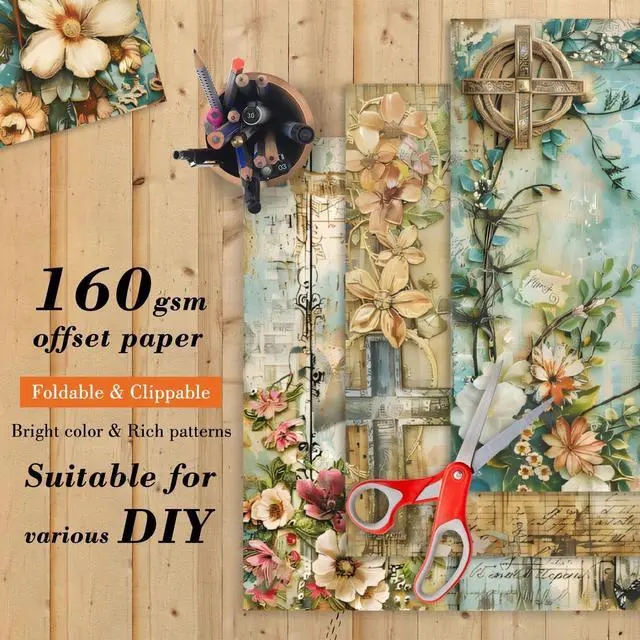 Alt view image 4 of 7 - 24 Sheets Vintage Flowers Scrapbook Paper Pad, 6 x 6 In Floral Patterned Designed Decorative Decoupage Cardstock Supplies for Card Making Folded Material Gift Wrapping Journals DIY Crafts Photo Album