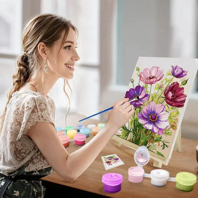 Alt view image 3 of 7 - Paint by Numbers Kit for Adults with Frame, Flowers Adult Paint by Number Kits with Easel, DIY Flowers Acrylic Oil Painting Kit Framed for Home Wall Decor 8x12 Inch