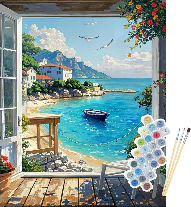 Main image of Seaside Window Paint by Numbers for Adults, 16x20" Coastal Landscape Kit | DIY Beginners Number Artist Set, Premium Acrylics, Canvas & 3 Brushes. Relaxing Art Kit for Home Wall Decor Creation Hobby