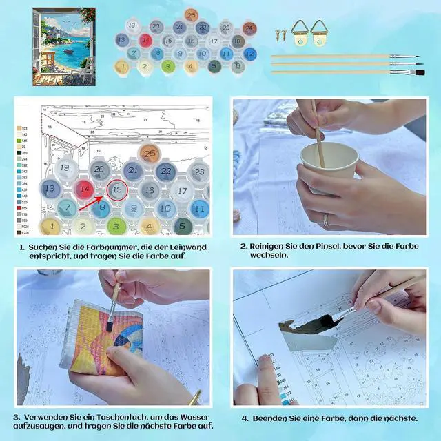 Alt view image 2 of 7 - Seaside Window Paint by Numbers for Adults, 16x20" Coastal Landscape Kit | DIY Beginners Number Artist Set, Premium Acrylics, Canvas & 3 Brushes. Relaxing Art Kit for Home Wall Decor Creation Hobby