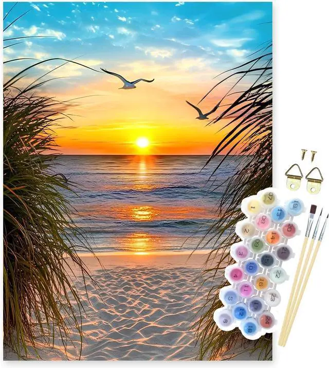 Main image of Paint by Numbers Kit for Adults, Beach Sunset Art for Beginners, 16x20 Inch | Number Artist Landscape DIY Art Set: 16x20 Canvas, Acrylic Paints and 3 Brushes; Relaxing Craft for Home Decor and Gifts