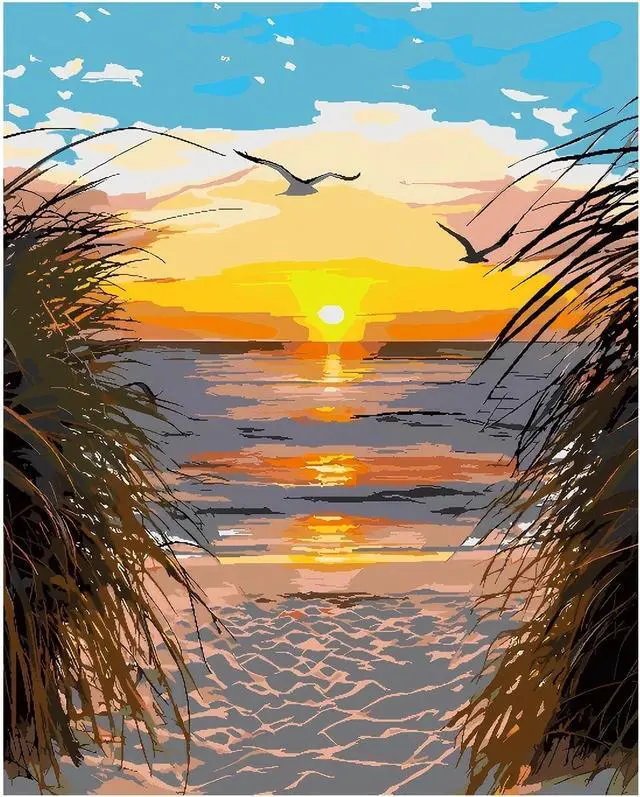 Alt view image 2 of 7 - Paint by Numbers Kit for Adults, Beach Sunset Art for Beginners, 16x20 Inch | Number Artist Landscape DIY Art Set: 16x20 Canvas, Acrylic Paints and 3 Brushes; Relaxing Craft for Home Decor and Gifts