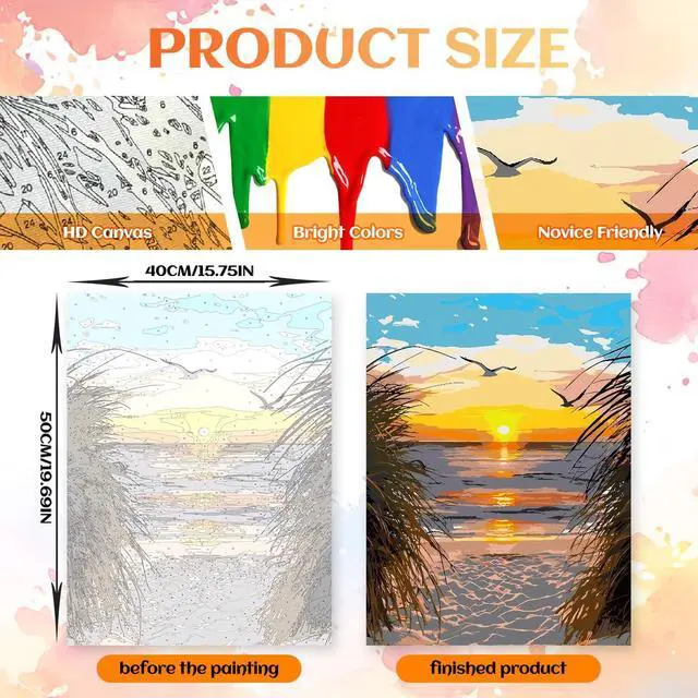 Alt view image 3 of 7 - Paint by Numbers Kit for Adults, Beach Sunset Art for Beginners, 16x20 Inch | Number Artist Landscape DIY Art Set: 16x20 Canvas, Acrylic Paints and 3 Brushes; Relaxing Craft for Home Decor and Gifts