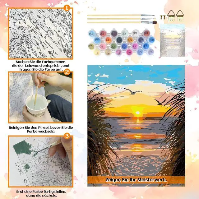 Alt view image 4 of 7 - Paint by Numbers Kit for Adults, Beach Sunset Art for Beginners, 16x20 Inch | Number Artist Landscape DIY Art Set: 16x20 Canvas, Acrylic Paints and 3 Brushes; Relaxing Craft for Home Decor and Gifts