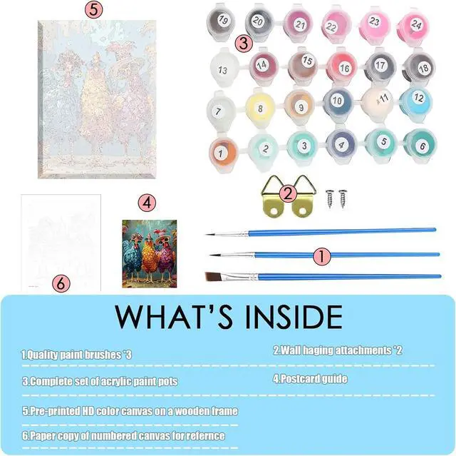 Alt view image 4 of 7 - Framed Paint by Numbers Kit for Adults,Painting by Numbers Kits with Framed on Canva for Beginner,DIY Watercolor Oil Painting Frame for Birthday Gift Decor for Home Wall. (chicken1)