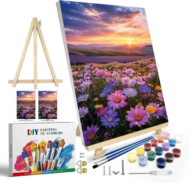 Main image of Flowers Paint by Numbers Kit for Adults with Frame, Sunset Mountain Paint by Number with Easel, DIY Adult Paint by Number Kits on Canvas Landscape for Home Wall Decor 8 x 12 Inch
