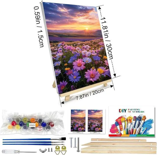 Alt view image 2 of 6 - Flowers Paint by Numbers Kit for Adults with Frame, Sunset Mountain Paint by Number with Easel, DIY Adult Paint by Number Kits on Canvas Landscape for Home Wall Decor 8 x 12 Inch