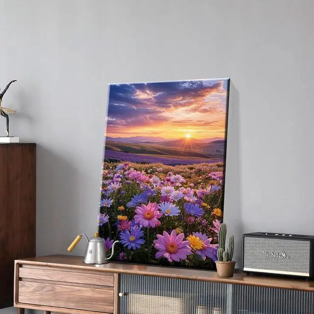 Alt view image 3 of 6 - Flowers Paint by Numbers Kit for Adults with Frame, Sunset Mountain Paint by Number with Easel, DIY Adult Paint by Number Kits on Canvas Landscape for Home Wall Decor 8 x 12 Inch