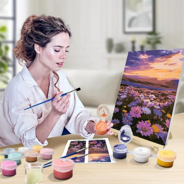 Alt view image 4 of 6 - Flowers Paint by Numbers Kit for Adults with Frame, Sunset Mountain Paint by Number with Easel, DIY Adult Paint by Number Kits on Canvas Landscape for Home Wall Decor 8 x 12 Inch