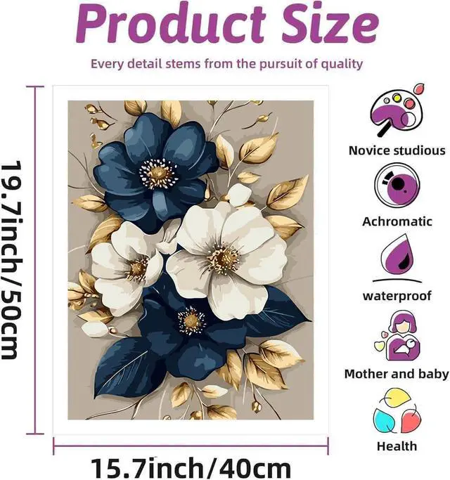 Alt view image 2 of 7 - Flower Paint by Numbers Kit for Adults Beginners 19.6X15.7 inch | Adult Paint by Numbers, Arts and Crafts for Adults, Home Wall Decor(Without Frame)