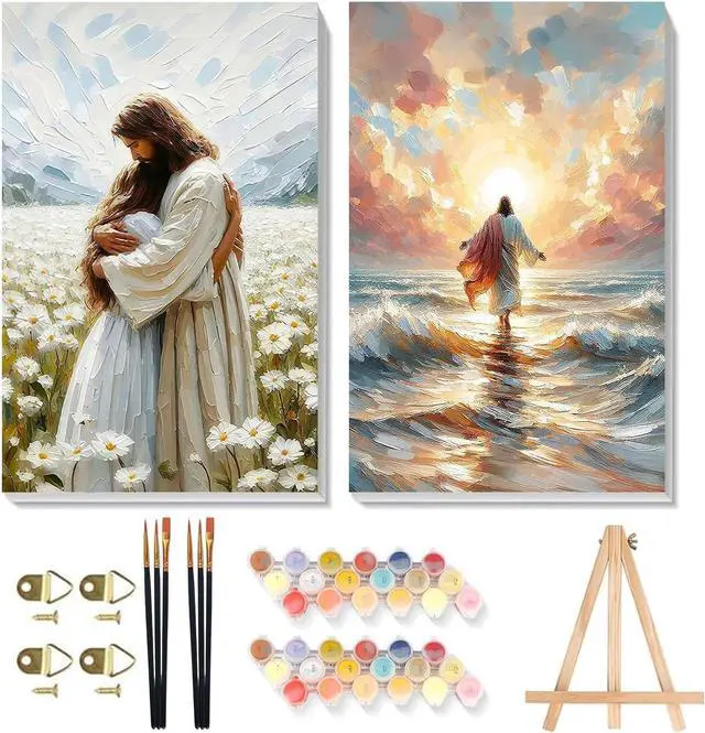 Main image of 2 Pack Paint by Numbers Kit for Adults - Wooden Easel, Jesus Paint by Numbers with Frame, Christianity Adult Painting by Number Kits on Canvas, Easy Oil Painting Arts Gift Wall Decor 8x12inch