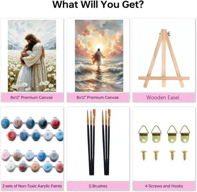 Alt view image 4 of 7 - 2 Pack Paint by Numbers Kit for Adults - Wooden Easel, Jesus Paint by Numbers with Frame, Christianity Adult Painting by Number Kits on Canvas, Easy Oil Painting Arts Gift Wall Decor 8x12inch