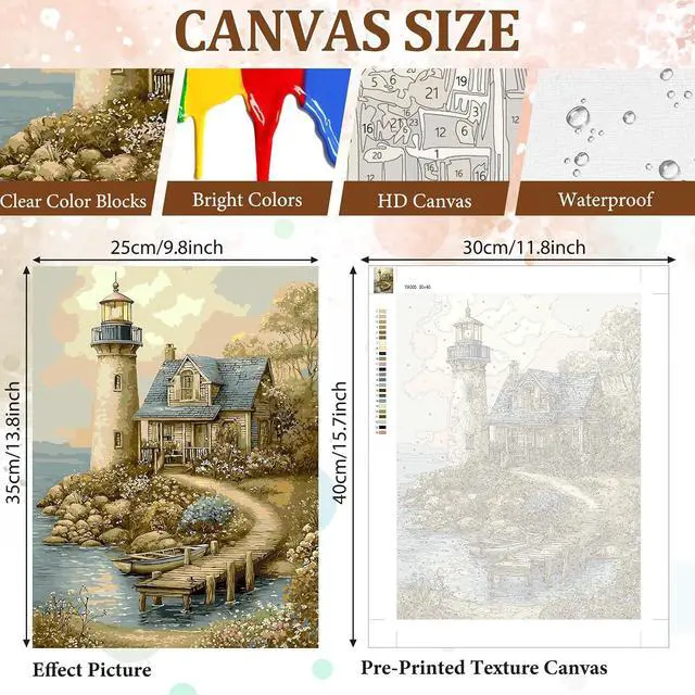 Alt view image 3 of 7 - Lighthouse Paint by Numbers Kits for Adults Beginner, Color by Numbers on Canvas Painting Craft Kits for Adults Without Frame, Easy Paint DIY Acrylic for Home Wall Decor 12 X16 Inch