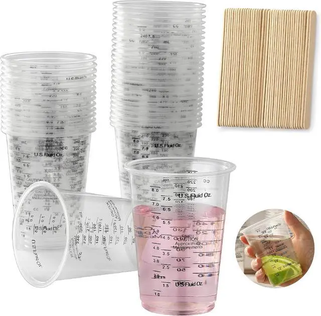 Main image of 40PCS Measuring Mixing Cups, Little Cook 8oz Disposable Clear Plastic Resin Epoxy Paint Mixing Cups with 40pcs Wooden Stirring Sticks