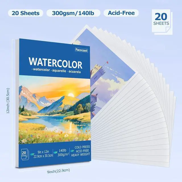 Alt view image 2 of 7 - Pacocoast Watercolor Paper Pads, 9"X12" (300gsm/140lb) Cold Press Water Color Sketchbook, 20 Sheets. Perfect for Wet & Dry Media, Painting, Drawing. Ideal Art Supplies for Adults, Blue
