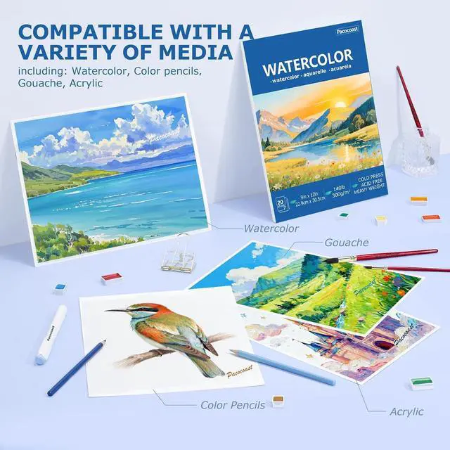 Alt view image 6 of 7 - Pacocoast Watercolor Paper Pads, 9"X12" (300gsm/140lb) Cold Press Water Color Sketchbook, 20 Sheets. Perfect for Wet & Dry Media, Painting, Drawing. Ideal Art Supplies for Adults, Blue