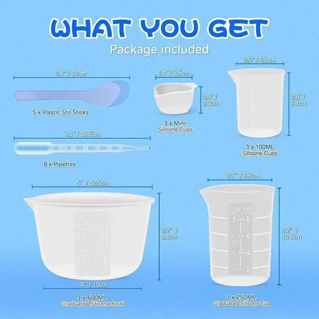 Alt view image 2 of 7 - Silicone Resin Mixing Measuring Cups for Resin Supplies, 600ml/20oz Bowl, 250 & 100ml Thickened Reusable Silicone Cups for Epoxy Mixing, with Stir Sticks and Pipettes, Jewelry Making