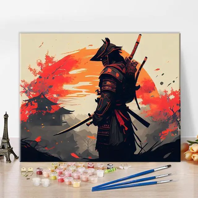 Main image of Warrior Colorful Samurai Paint by Numbers Craft Kit for Adults | Warrior Art on 16x20 Inch Unframed Canvas with Acrylic Paints and 3 Brushes Relaxing DIY Craft and Wall Decor