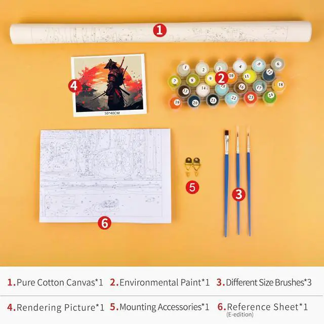 Alt view image 3 of 7 - Warrior Colorful Samurai Paint by Numbers Craft Kit for Adults | Warrior Art on 16x20 Inch Unframed Canvas with Acrylic Paints and 3 Brushes Relaxing DIY Craft and Wall Decor