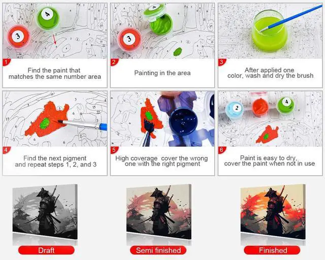 Alt view image 7 of 7 - Warrior Colorful Samurai Paint by Numbers Craft Kit for Adults | Warrior Art on 16x20 Inch Unframed Canvas with Acrylic Paints and 3 Brushes Relaxing DIY Craft and Wall Decor