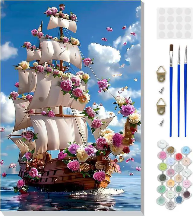 Main image of Framed Paint by Numbers for Adults, Sailboat DIY Paint by Number Kits on Canvas, Easy Digital Oil Painting Set for Home Wall Decor 8x12 Inch