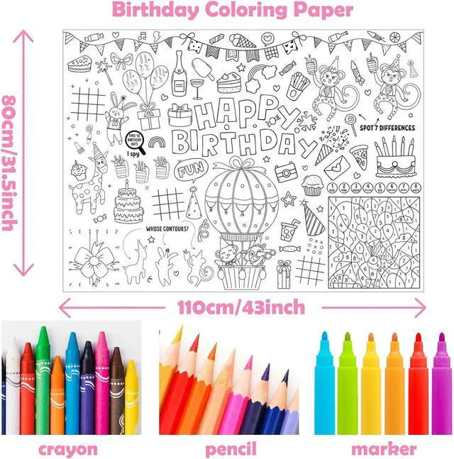 Alt view image 2 of 5 - Happy Birthday Coloring Paper Tablecloth Poster 31 * 43" Wall Coloring Tablecloth Animals Drawing Paper Table Cover for Home Birthday Party Kindergarten Classroom Group Activities