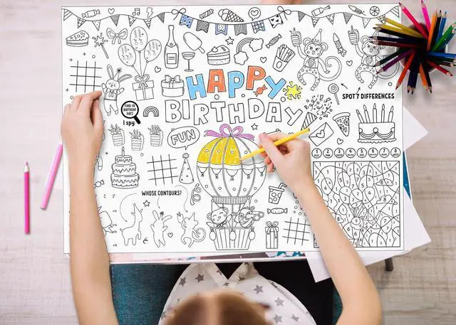 Alt view image 4 of 5 - Happy Birthday Coloring Paper Tablecloth Poster 31 * 43" Wall Coloring Tablecloth Animals Drawing Paper Table Cover for Home Birthday Party Kindergarten Classroom Group Activities